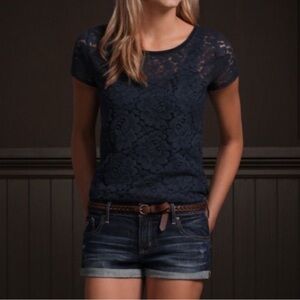 Hollister Navy Floral Lace Short Sleeve Tee